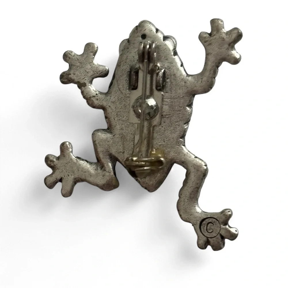 Silver Tone & Hammered Gold Tone Frog Pin Brooch with Crystal Eyes 1 3/8